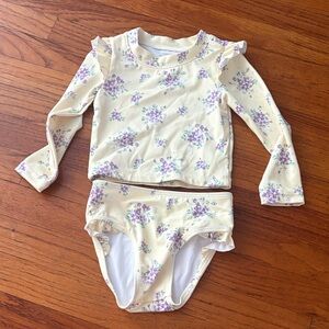 Janie and Jack Yellow Long-Sleeve Floral Rash Guard Set with Purple Flowers